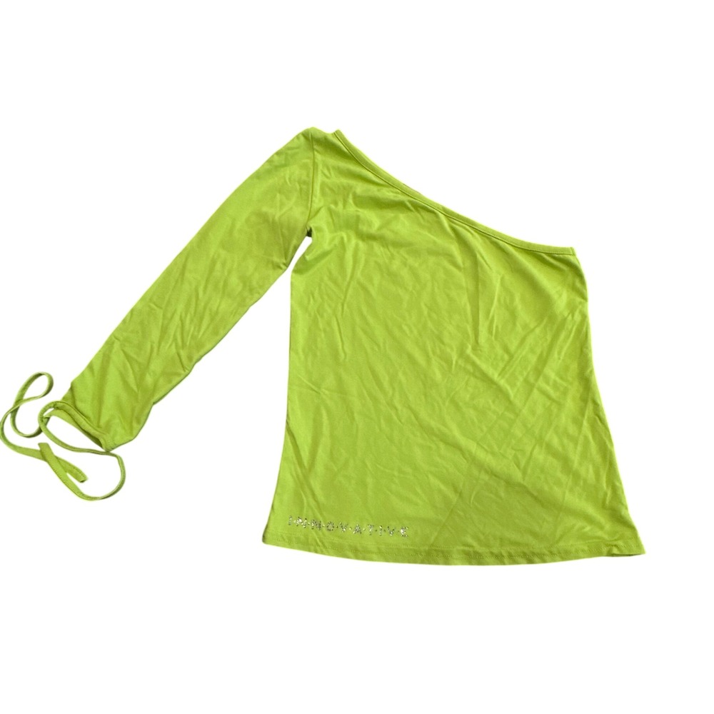 Innovative  Lime Green One Shoulder Long Sleeve Top Rhinestone Logo Asymmetric